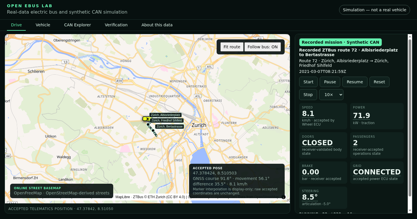 Open eBus Lab showing a recorded Zurich bus route on the street map